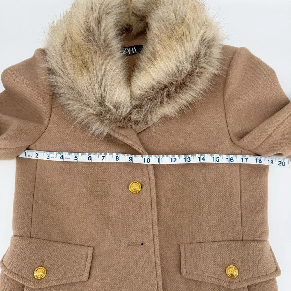 Zara Wool Blend Mid Length Coat Size M Faux Fur Removable Collar Camel Tan - Picture 13 of 17